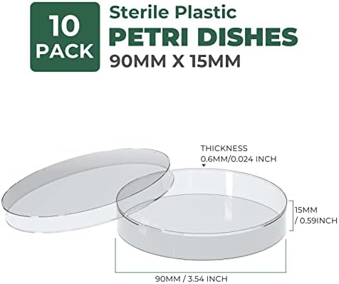 10 Pack Sterile Thick Plastic Petri Dishes with Lid, 90mm Dia x 15mm Deep Clear 3 Vents Petri Dish for Lab Science Experiment