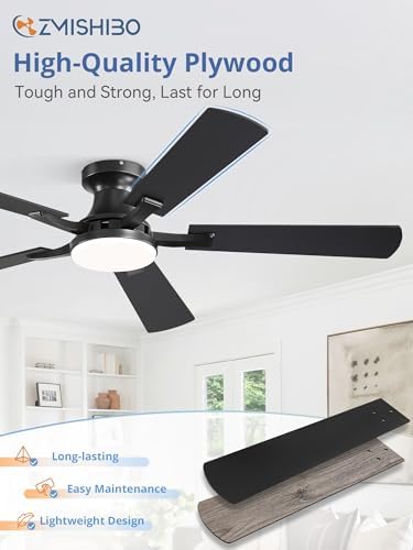 ZMISHIBO 52 Inch Ceiling Fans with Lights, Remote&App Control, Flush Mount