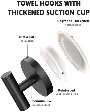 MOTAIPEAK Suction Cup Hooks for Shower, Shower Hooks for Inside Shower, No Drill Towel Hooks for Bathroom, Removable Suction Hooks for Glass, Mirror, Tile, Waterproof, Rustproof – Black (2 Pack)