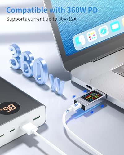 USB C Tester Power Meter, 4-30V 0-12A Type-C PD Tester Digital Multimeter, Voltage and Current Tester Meter Voltmeter, Power Bank Capacity USB Cable Charger Detector (KWS-2303C)