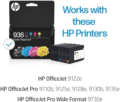 HP 936 Black, Cyan, Magenta, Yellow Ink Cartridges (4-Pack) | Works with OfficeJet 9120, Pro 9110, 9120, 9130, Wide Format 9730 | Eligible for Instant Ink | 6C3Z5LN