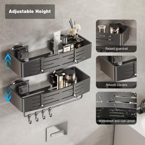 Voldra Shower Caddy Suction Cup, 2 Pack Shower Shelves for Inside Shower No Drilling, Aluminum Suction Showers Organizer with Towel Bar & Hooks Removable Bathroom Shelf Storage Rack(Gray)