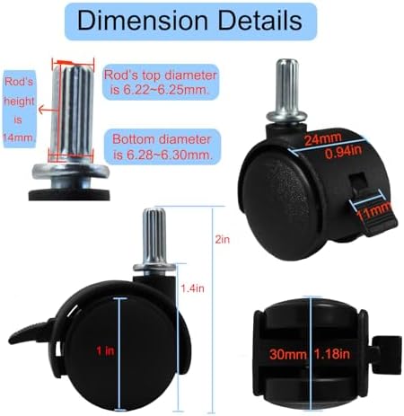 Small Swivel Caster Wheels 4pcs 1 Inch Locking Casters Diameter 6.25mm Straight Stripes Stem Easy Clip on Replacement Wheels for Rolling Plastic Drawers Carts Boxes Shelves with Reserved Holes