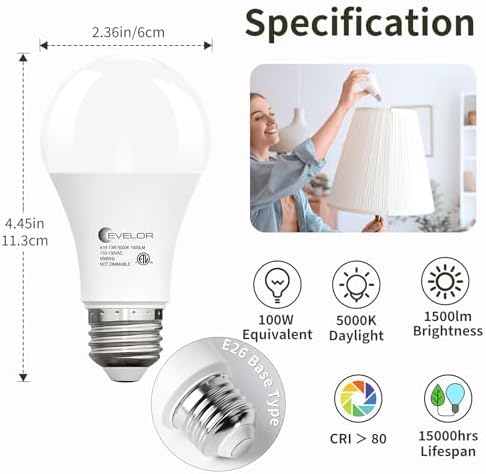 evelor 6-Packs A19 LED Light Bulbs,100 Watt Equivalent Daylight 5000K Bright Bulbs Efficient 13W,1500 Lumens E26 Base, Non-Dimmable, 15000-Hour Lifespan for Bedroom, Living Room, Office
