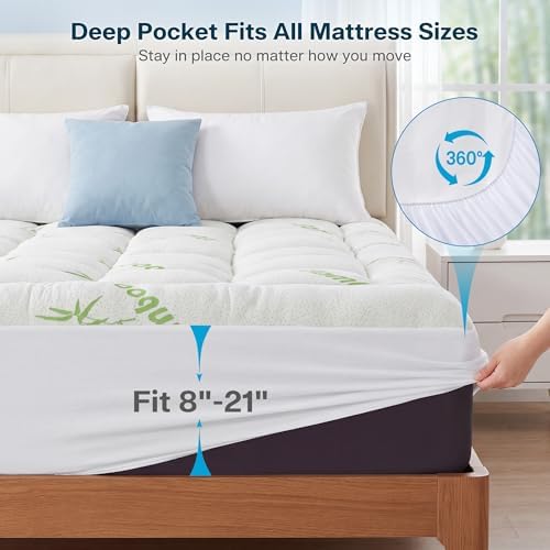 Waterproof Queen Size Mattress Topper Viscose Derived from Bamboo, Extra Thick Mattress Pad for Back Pain, Cooling Mattress Protector with Deep Pocket 8"-21", Green,Queen