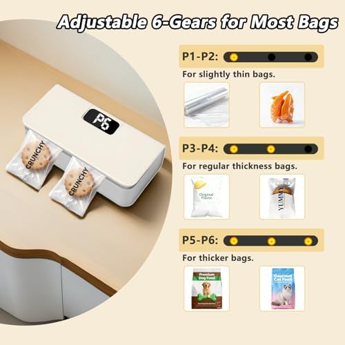 Mini Bag Sealer,Rechargeable Sealer Machine with LED Power Display,Heat Sealer and Cutter with 6 Adjustable Gears,Portable Bag Resealer for Chips Snacks Mylar Bags (White)