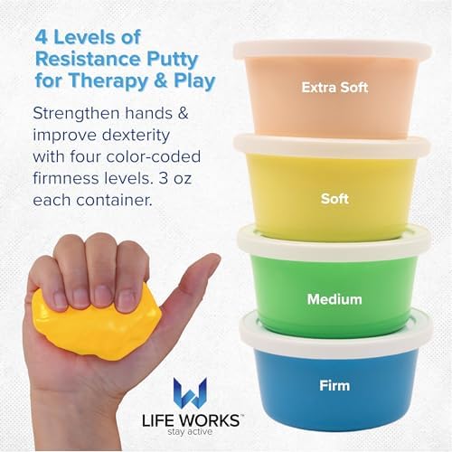 LIFE WORKS Adult Hand Therapy Putty, Grip Exercise, 4-Pack, Silicone