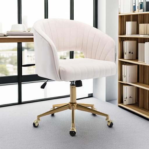 KCC Vanity Chair Velvet Desk Chair with Gold Base for Living Room,Cream
