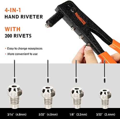 Rivet gun,Professional Pop Rivet Gun Kit with 200Pcs Rivets, 3/32"-1/8"-5/32"-3/16", Heavy Hand Riveter kit Suitable for Metal work, Gutter, Automotive and other common DIY projects