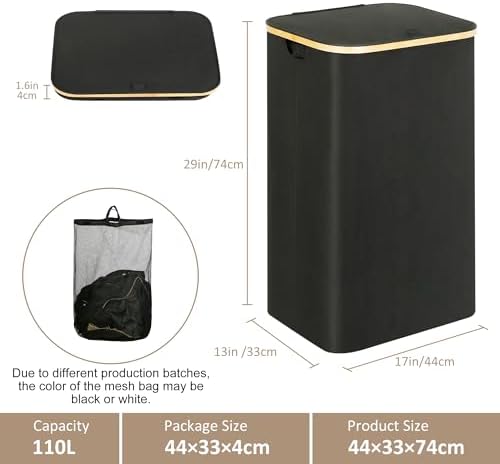 IEGrow Laundry Hamper with Lid,110L Laundry Basket with Mesh Bags,Black