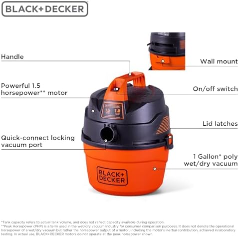 BLACK+DECKER Shop Vacuum Wet and Dry, Small Shop Vac with Accessories, 1 Gallon 1.5 Peak HP, Wall Mount Mini Vacuum for Garage, Home and Pet, 60CFM (BDXV18101P-1H)