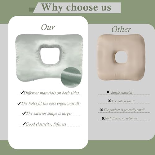 Ear Piercing Pillow for Side Sleepers with Ear-Shaped Hole for Ear Pain, Reversible Satin & Cotton Washable and Adjustable Ergonomic Ear Guard Protector for Side Sleeping