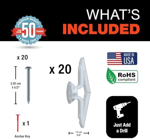 TOGGLER Toggle TB Drywall Anchor with Screws, 20 Pack, 3/8" to 1/2"
