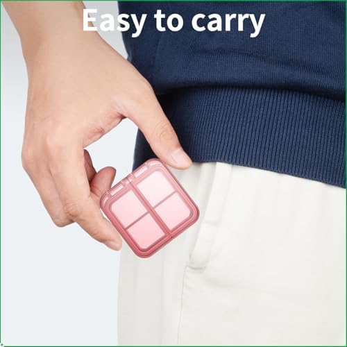 Small Pill Box,4 Compartments Travel Pill Case, Portable Pill Organizer,Mini Pill Container for Pocket,Daily Compact Travel Medicine Holder for Vitamins Fish Oil and Supplement Storage(Pink+Purple)