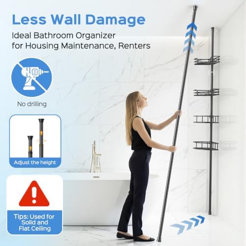 HAMITOR Corner Shower Caddy Tension Pole, Adjustable No-Drill Widen Shelves