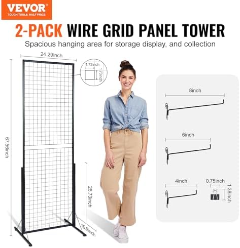 VEVOR 2 x 5.6 Ft Grid Wall Panels, 2 Packs Wire Gridwall Display Racks Tower with T-Base, Floorstanding Double Side Gridwall Panels, Retail Display with Extra Clips and Hooks for Art Craft Shows