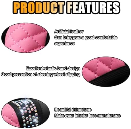JOYCOURT 15 Inch Bling Soft Leather Car Steering Wheel Cover, Pink