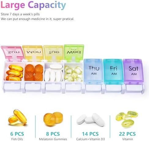 MOLN HYMY Large Pill Organizer 2 Times a Day, AM PM Pill Box 7 Day, 14 Dividers 2 Week Medicine Pill Organizer with Easy Push Button for Medication, Vitamins, Fish Oils, Supplements