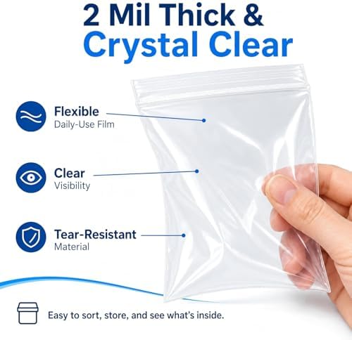 200 Pack Small Plastic Bags For Jewelry, Mini Baggies 4 Assorted Sizes. 2x3 3x3 3x5 4x6 Inch 2 Mil Thick Poly Zipper Lock Bags Clear for Jewelry, Bead, Crafts, Small Parts Storage