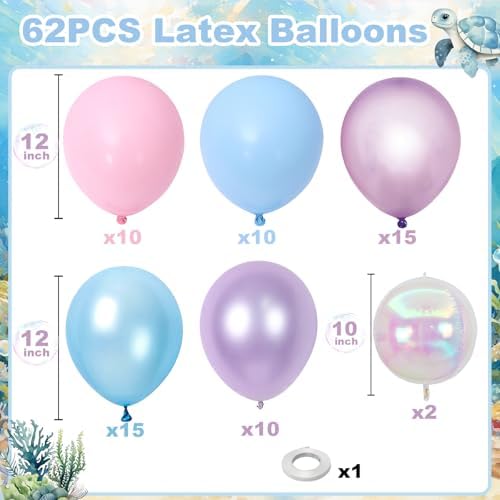 Pink Purple Blue Balloon, 62Pcs Iridescent Mermaid Music Idol Party Balloon