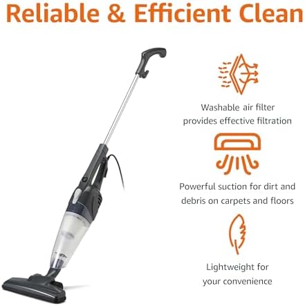 Amazon Basics 2-in-1 Corded Stick Vacuum Cleaner, Converts to Handheld, Lightweight (3.9 LBS), with Washable Filter, Crevice Tools, 0.5L Dust Cup, Self-Standing, 19.7-Ft Cord, 300W, Black