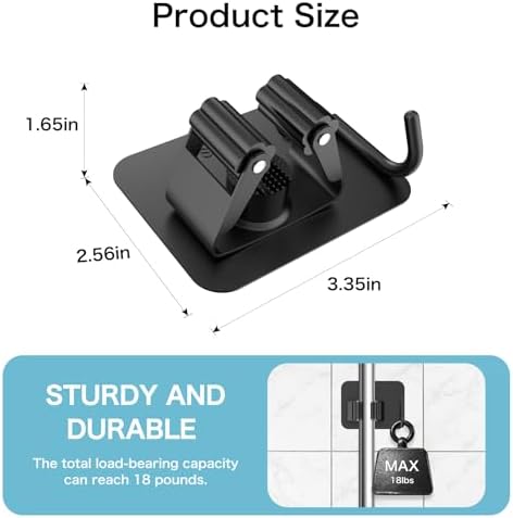 nacena 4 Pack No Drill Self Adhesive Broom Mop Holder Wall Mount with Hooks, Heavy Duty Stainless Steel Organizer for Kitchen Bathroom Garage Storage, Black