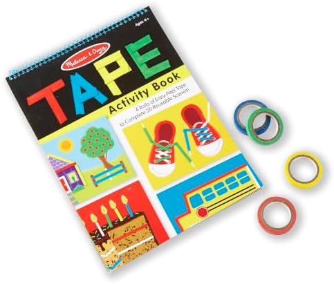 Melissa & Doug Tape Activity Book for Kids with 4 Easy-Tear Tape Rolls (Blue, Green, Red, Yellow) & 20 Reusable Scenes on Spiral-Bound Sheets, Road Trip Activities & Travel Toys for Kids Ages 4+