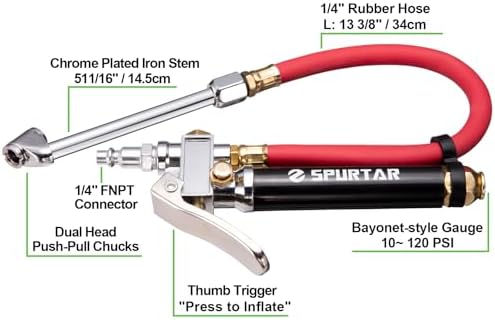Spurtar 10-120 PSI Tire Pressure Gauge with Inflator Heavy Duty