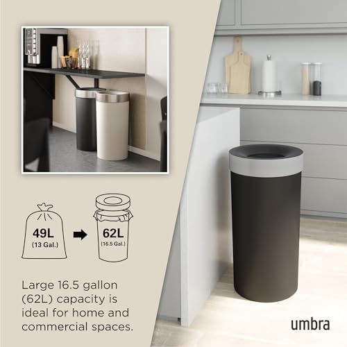 Umbra Vento Kitchen Trash Can, Open Top Bin, 16.5 Gallon, Black/Nickel