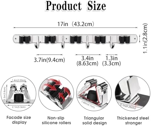 AceMining Broom Holder Wall Mount, 5 Racks 4 Hooks Heavy Duty Mop Organizer