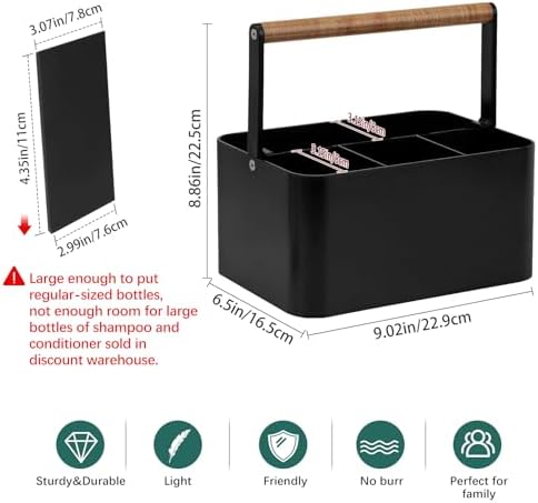 BYUNER Portable Shower Caddy Dorm: Bathroom Caddy Organizer with Handle and Adjustable Dividers,Plastic Shower Basket for Toiletry,Makeup,Vanity,Shower Storage Tote for College, Cleaning Caddy, Black