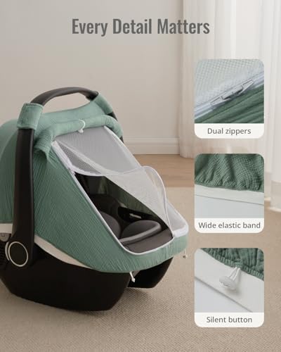 Blissful Diary Muslin Baby Car Seat Cover, Infant Canopy, Roman Green