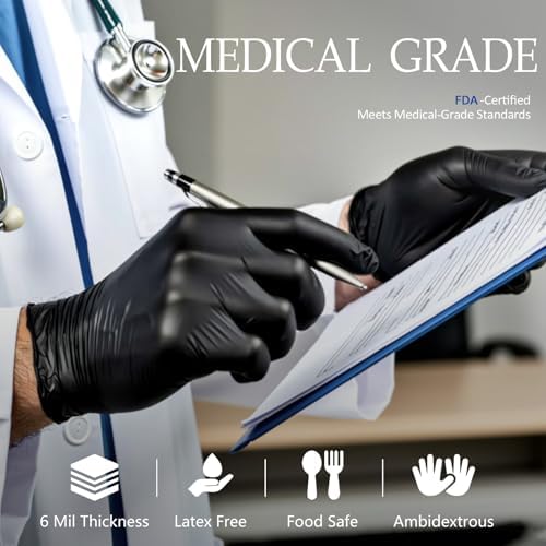 PROMEDIX P Black Disposable Nitrile Gloves, 6Mil 100 Pcs Food Safe Cooking Gloves Latex Free Rubber Gloves for Cleaning Exam