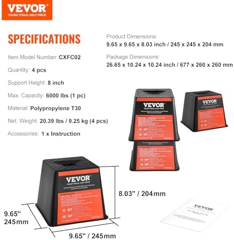 VEVOR Trailer Jack Block, 6000 lbs Capacity per RV Leveling Block, Polypropylene RV Camper Stabilizer Blocks, RV Travel Accessories Use for Any Tongue Jack, Post, Foot, 5th Wheels, 4-Pack