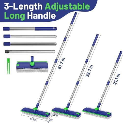 Floor Scrub Brush with Long Handle & Squeegee for Bathroom
