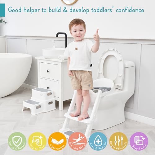 Forbena Potty Training Toilet Seat with Step Stool Ladder, Toddler Kids Potty Seat for Boys Girls, Non Slip Foldable Toilet Training Seat with Soft Cushion, Comfortable Handles (White-Grey)