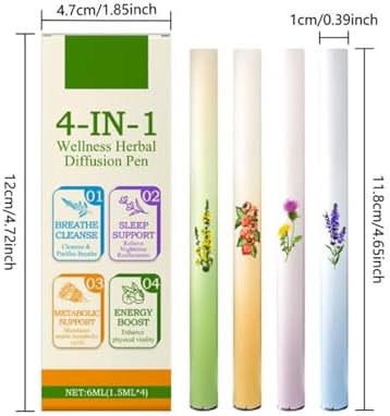 Mullein Herbal Diffuser Pen, Natural Aromatherapy Air Inhaler Stick with Mullein Thyme Mint, Four Aroma Variety Set,Air Freshening, Relaxed Feelings, Portable Pocket Size (4 Pack)
