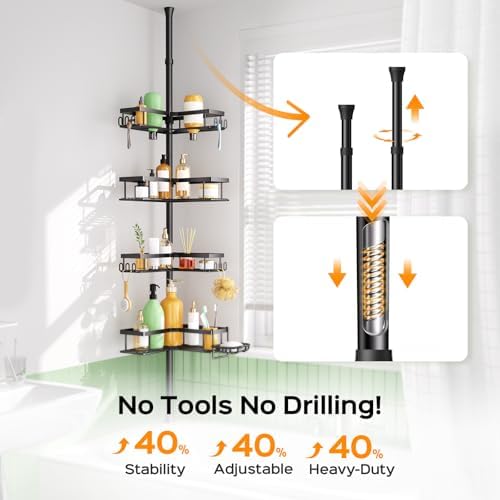HAMITOR Shower Caddy Tension Pole: Corner Bathroom Organizer for Renters