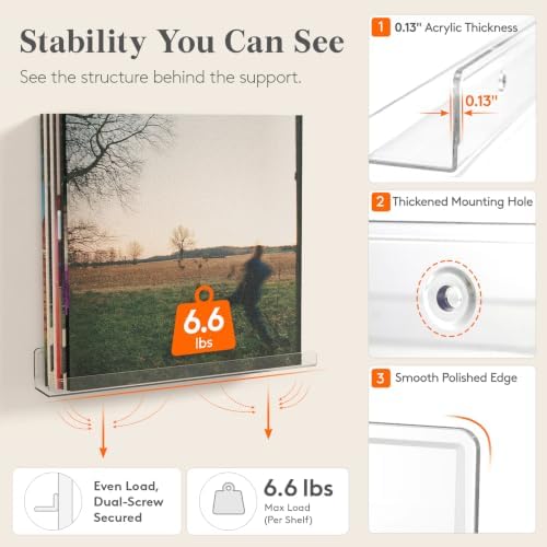 Lifewit Narrow Acrylic Floating Shelves for Vinyl Record 12", Clear 6 Pack