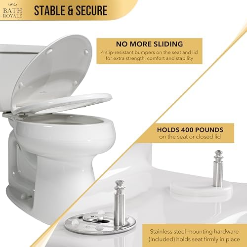 Bath Royale Slow Close Toilet Seat BR501-00 White Elongated, Stain-Resistant and Easy to Keep Clean, Heavy Duty Fits All Toilet Brands, Executive Series