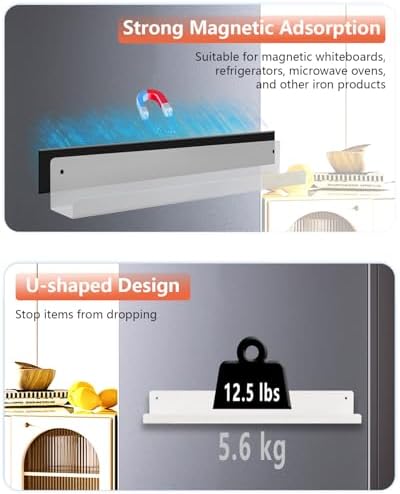 2-Pack Magnetic Book Shelf for Whiteboard - 17 Inch Reusable Metal Magnetic Shelves, Holds 12.5 lbs, Back to School Supplies for Classroom, Walls & Home Decor - White