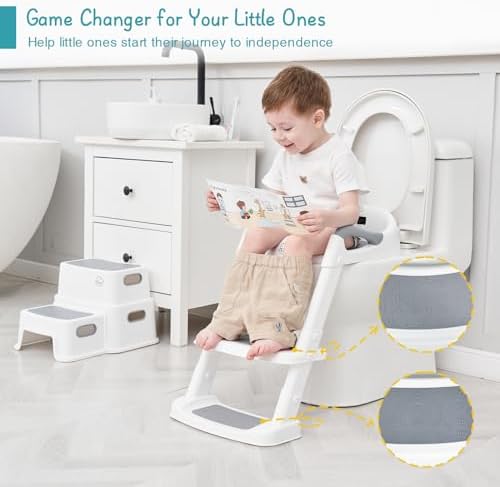 Forbena Potty Training Toilet Seat with Step Stool Ladder, Toddler Kids Potty Seat for Boys Girls, Non Slip Foldable Toilet Training Seat with Soft Cushion, Comfortable Handles (White-Grey)