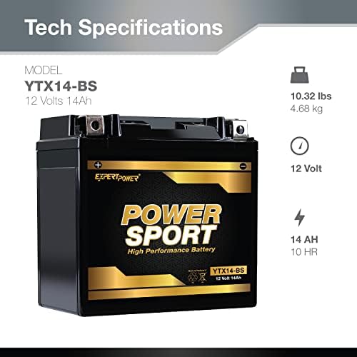 ExpertPower YTX14-BS ATV Battery - 220 CCA AGM Motorcycle Battery 12V 14Ah 10Hr ETX14-BS, UTV, Scooter, Snowmobile, 4 Wheeler Powersports Batteries, Fourtrax 300, Rancher 420, Pioneer 500-700-1000