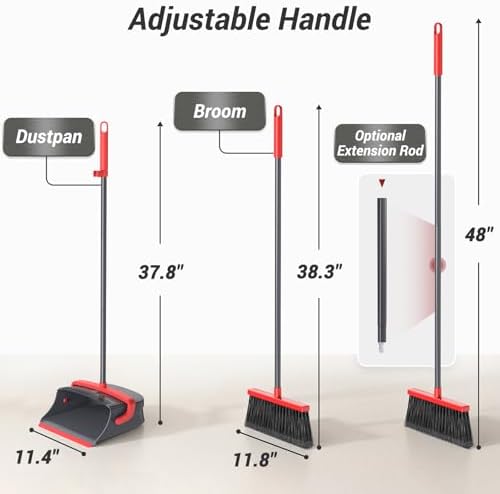 Broom with Dustpan Set for Pet Hair & Dust Cleanup, Red & Gray