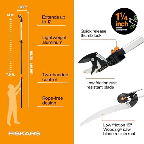 Fiskars 8-12 Ft Extendable 2-in-1 Tree Pruner & Pole Saw with Rotating Head