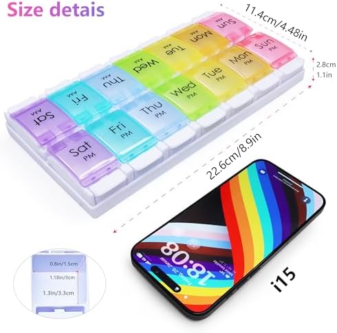 MOLN HYMY Large Pill Organizer 2 Times a Day, AM PM Pill Box 7 Day, 14 Dividers 2 Week Medicine Pill Organizer with Easy Push Button for Medication, Vitamins, Fish Oils, Supplements