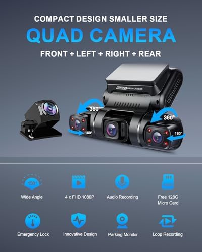 PRUVEEO 360° 4 Channel Dash Cam Front and Rear Inside Left Right, Dash Camera for Cars, Built-in GPS WiFi Night Vision, 24/7 Recording Parking Mode Monitor, 128G Card Included