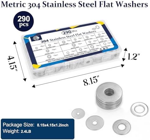 ZQZ 290Pcs Stainless Steel Flat Washers Assortment Kit;Fender Washer M3-M12