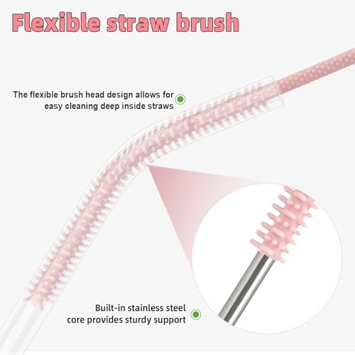 Silicone Straw Cleaner Brush, 4Pcs Reusable Straw Brush Pink