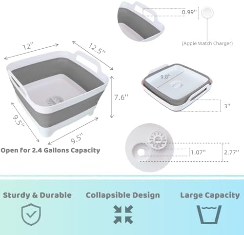 GIMWA 2.4Gal Collapsible Dish Basin with Drain Plug, Baby Bottle Wash Basin